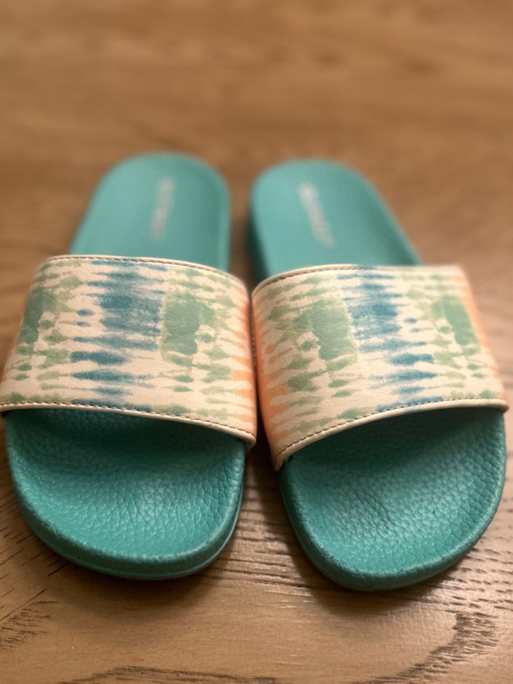 Old Navy Girls’ Turquoise Slide Sandals with Pastel Tie-Dye Strap (size 12/13)